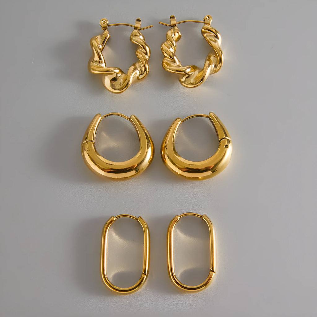 Geometric ellipse-shaped stainless steel ear clip with electroplated 18K gold finish for women
