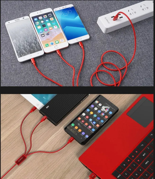 3-in-1 charging cable with USB-C, Micro-USB, and Lightning connectors, 1.2m, black/red/blue