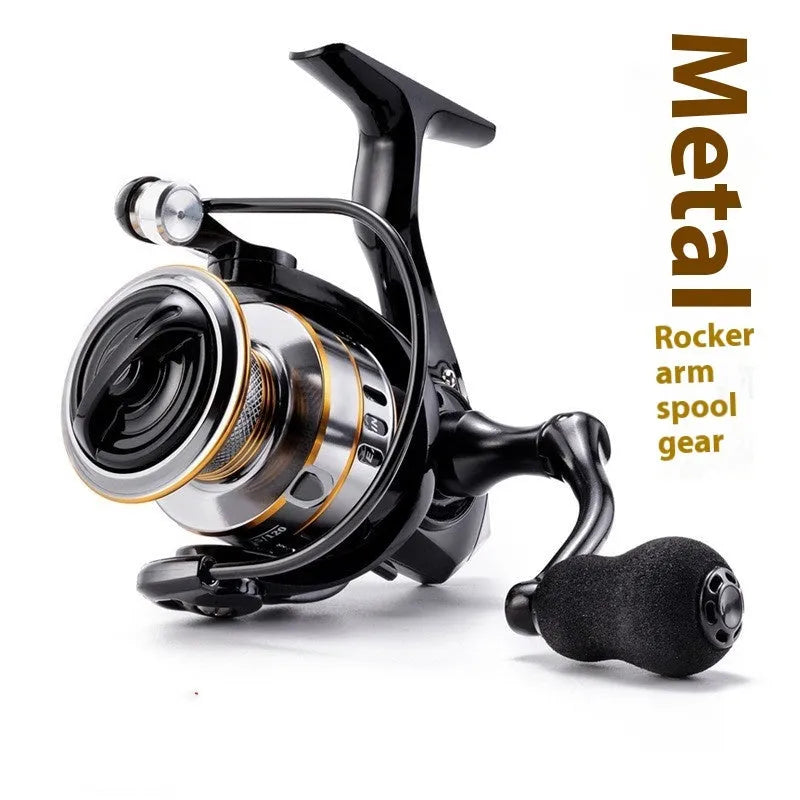 All-metal spinning fishing reel with no-gap spool design and black EVA grip handle