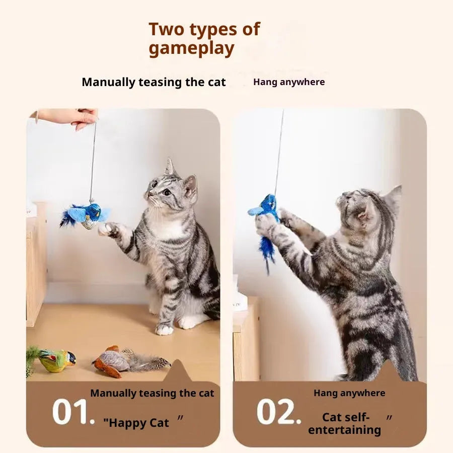 Plush vocal simulation squeaky bird cat toy in green and pink hanging bird designs