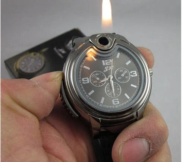 Metal butane lighter with hand-indicating fire mechanism, available in White or Black, electronic ignition, watch-style design