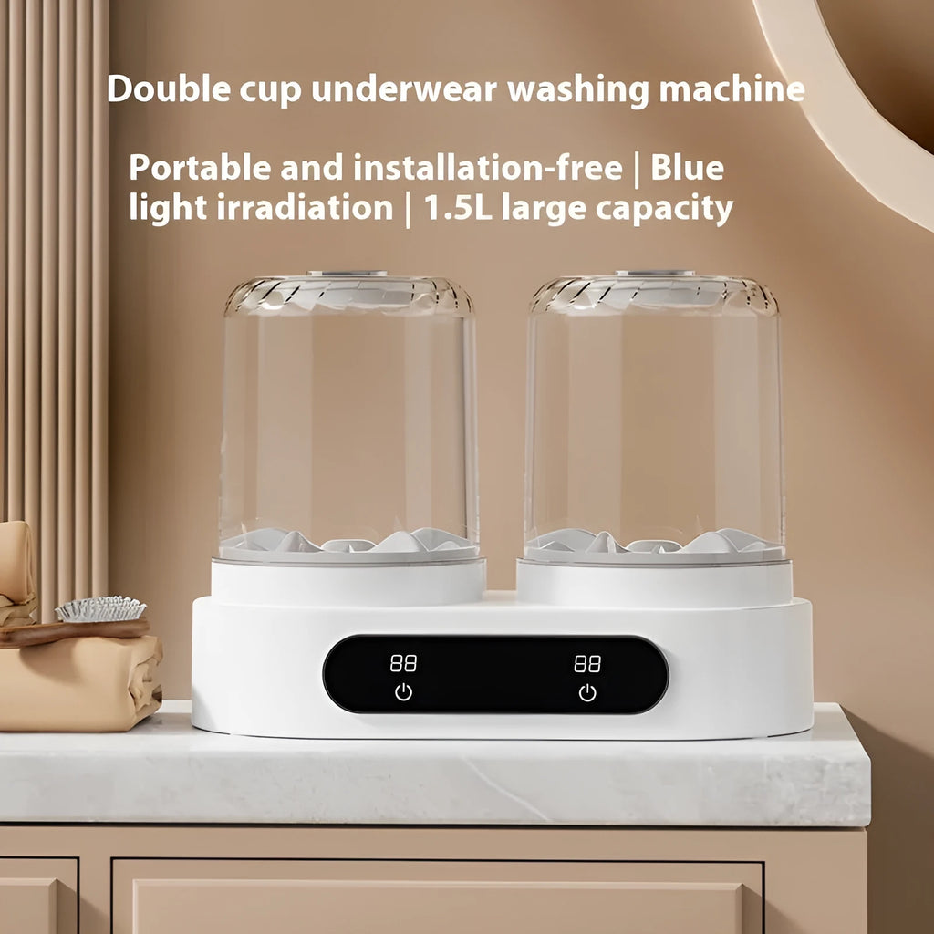 White plastic double bucket mini washing machine with USB cable for portable laundry.