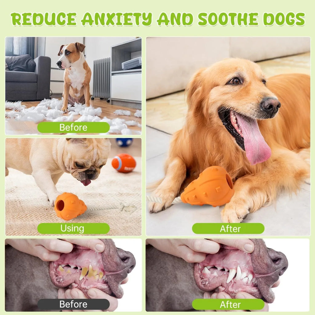 Natural rubber stuffable dog toy for small dogs, shown with a longer strap for fetching and tugging.