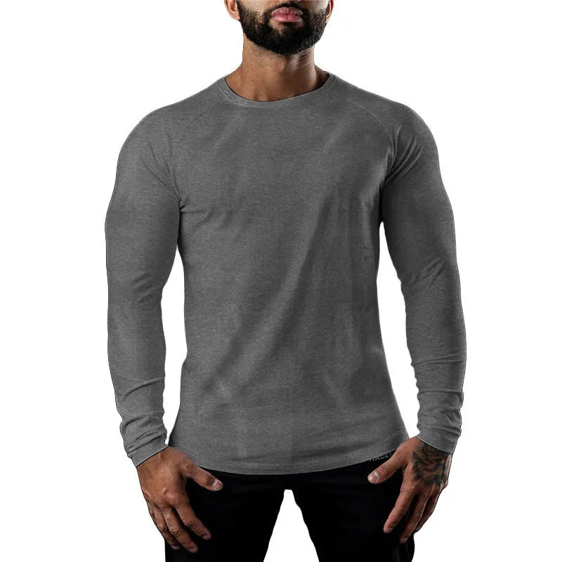 Men's long sleeve cotton sports t-shirt in army green colour, shown with a round neck and tight fit.