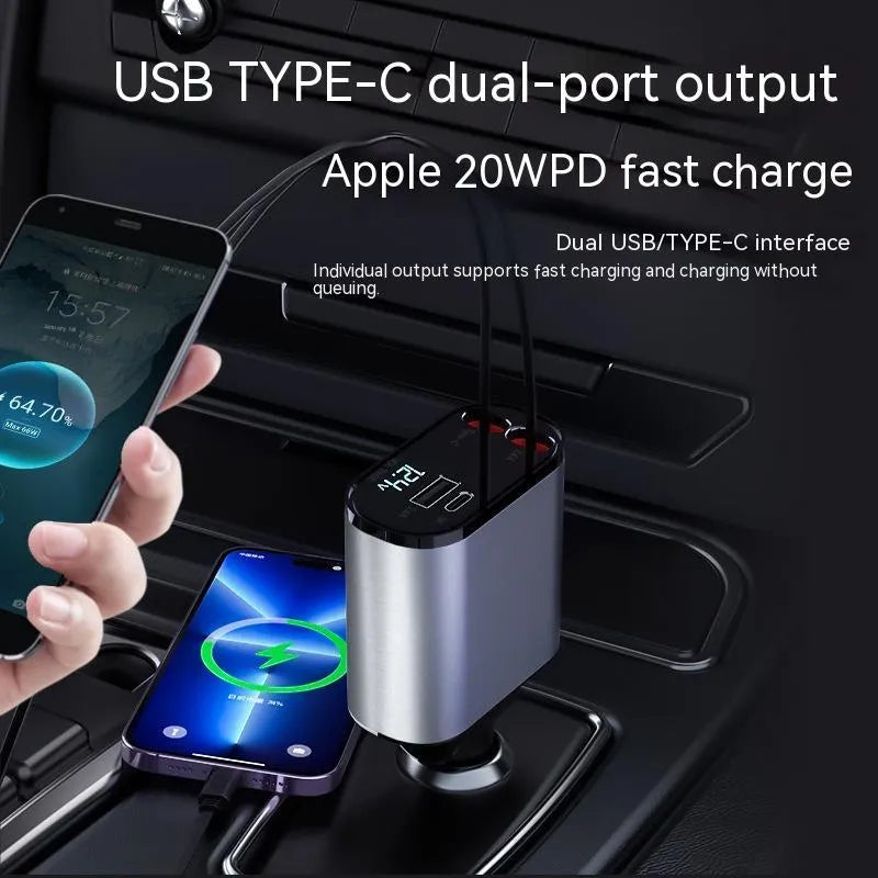 Metal car charger with retractable cable and adjustable head, USB and Type-C ports, 100W fast charging