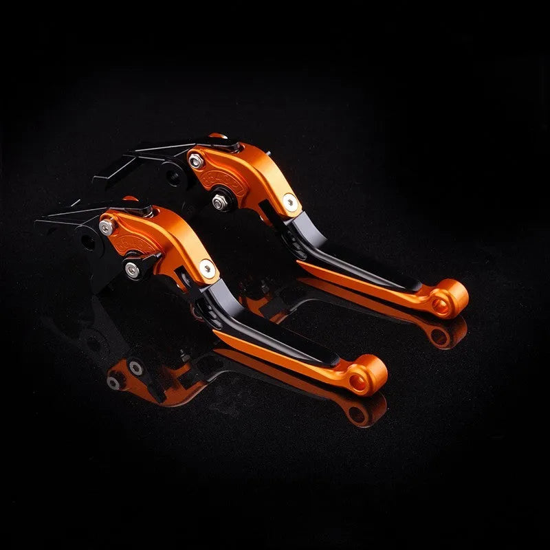 Pair of anodised metal motorcycle brake and clutch levers with adjustable length mechanism in various colour options.