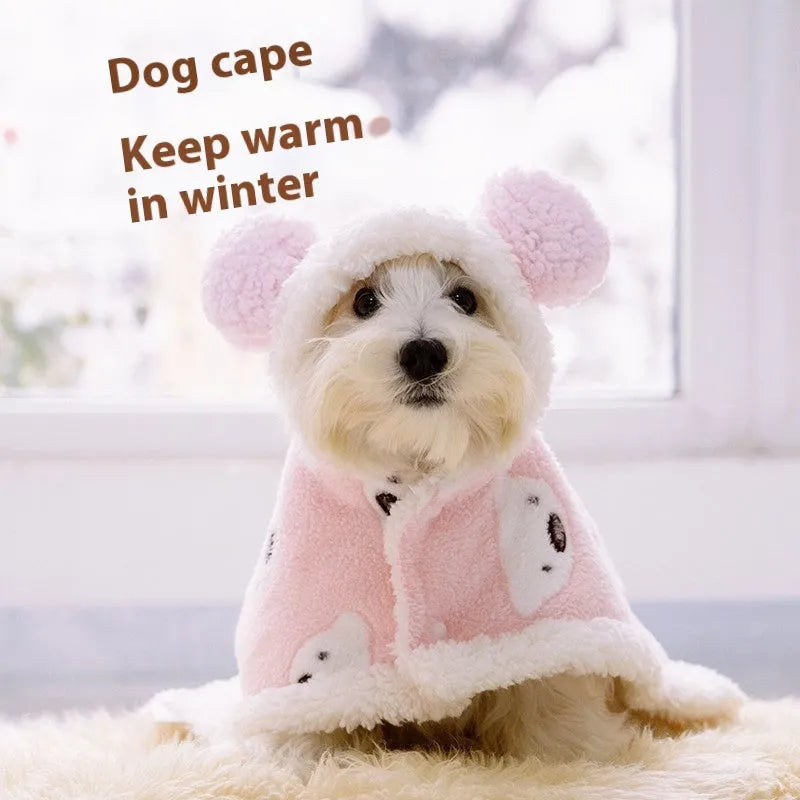 Coral fleece dog cloak robe warm bear cape in brown or pink, sizes S M L for small dogs