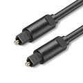 Black fiber optic audio cable with gold-plated connectors, shown in lengths from 1 m to 5 m