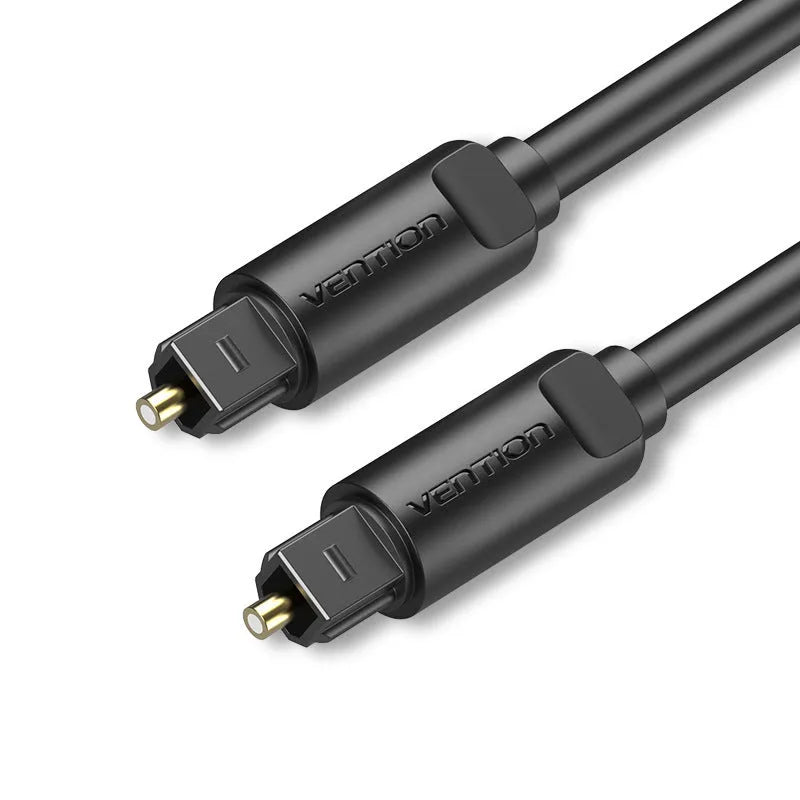 Black fiber optic audio cable with gold-plated connectors, shown in lengths from 1 m to 5 m