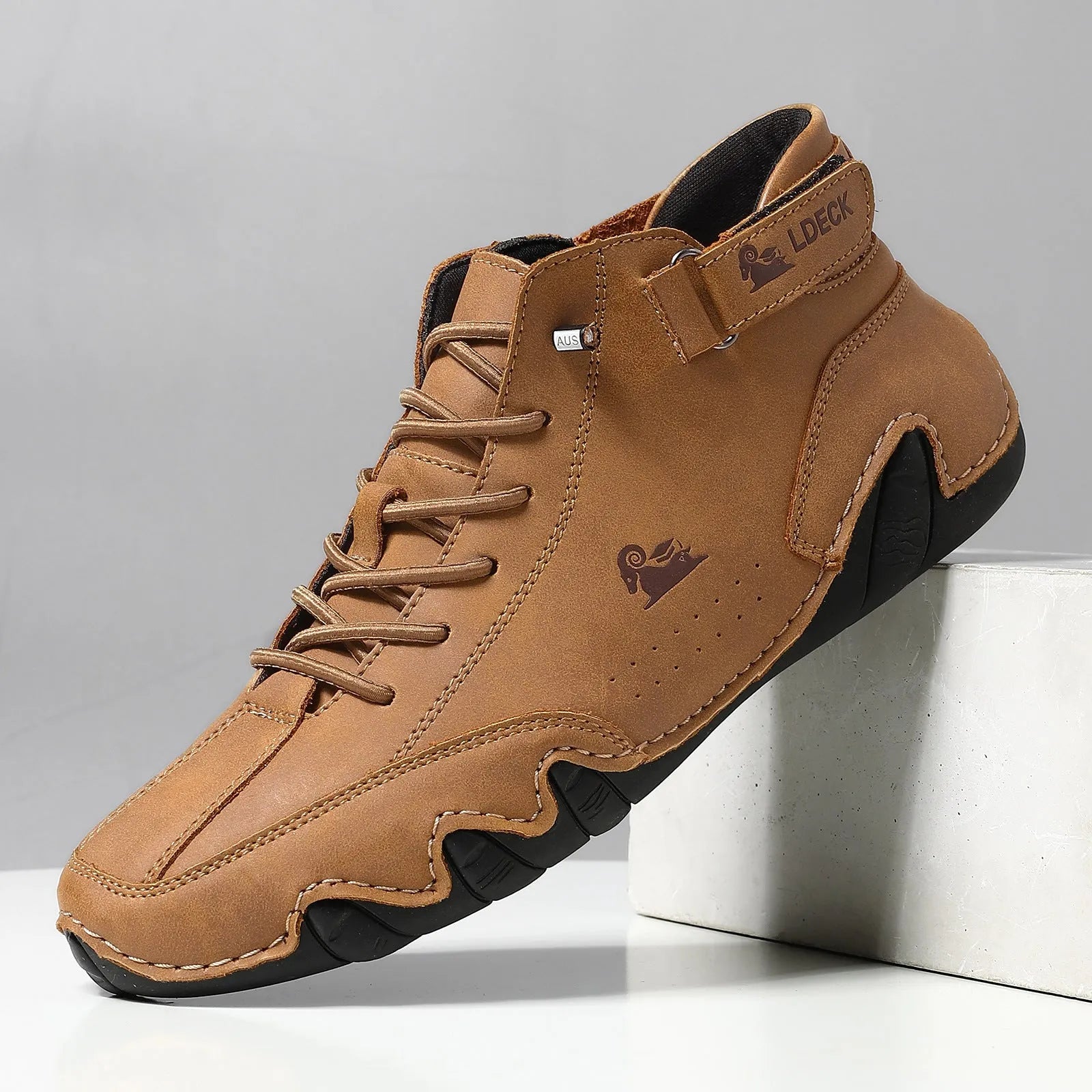 Men's octopus-themed high top trainers in khaki colour with a rubber sole and microfiber upper.