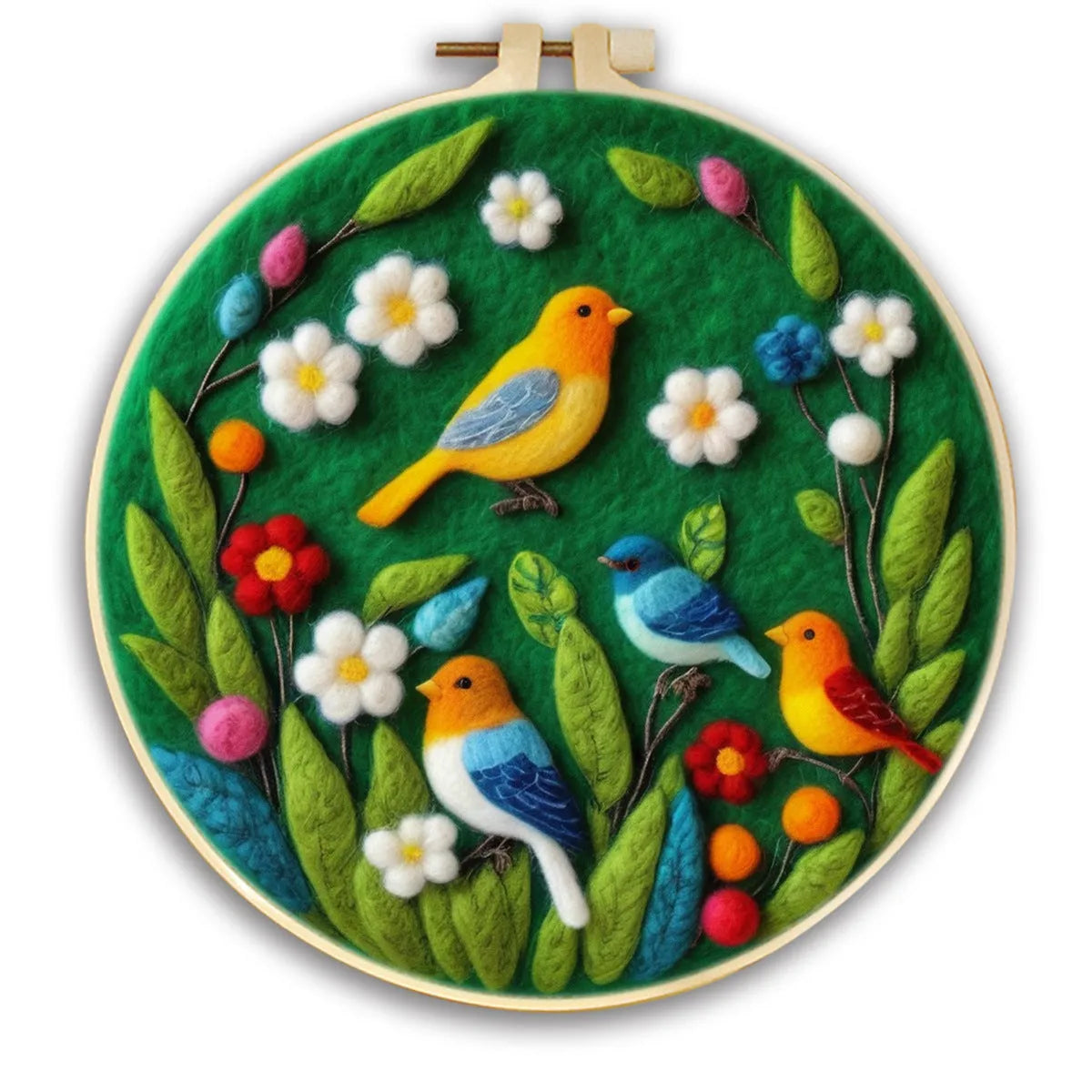 Round linen embroidery frame with wool felt floral decoration kit for three-dimensional wall art