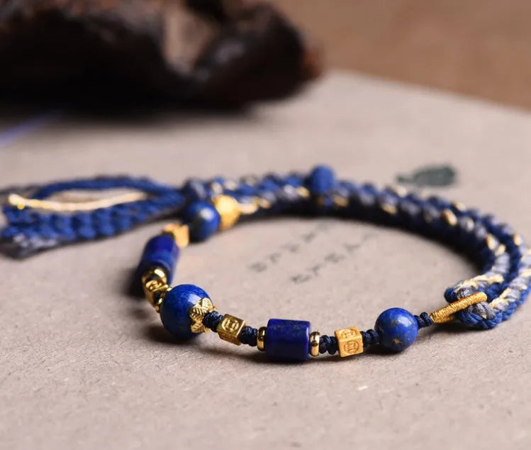Hand-woven ethnic watch band in flexible wire with Hongfei Ebony and Lapis Lazuli colour options
