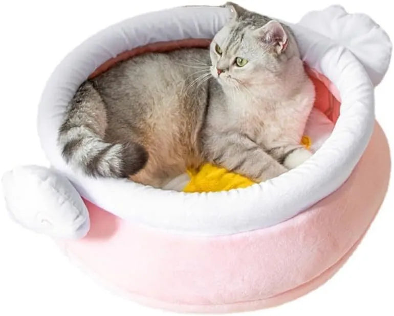 Pink or yellow honey pot-shaped enclosed cat bed with a magic wand decoration and a removable cushion.