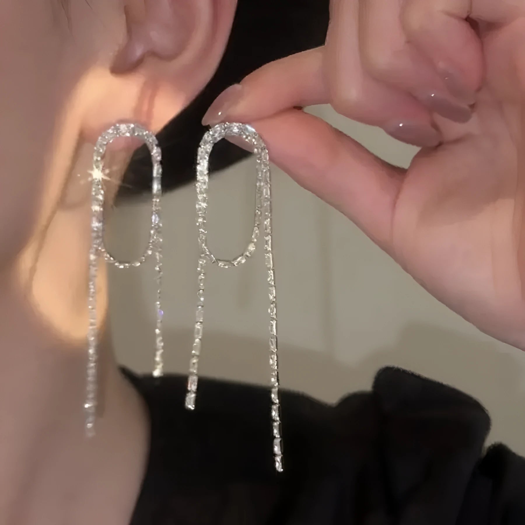 Silver knotted zircon long tassel ear studs for women geometric shape copper electroplated