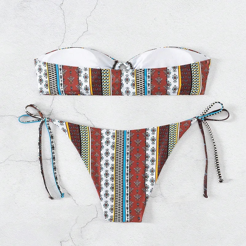 Women's mixed colour printed swimsuit with lace-up front detail, showing sleeveless top and bottom.
