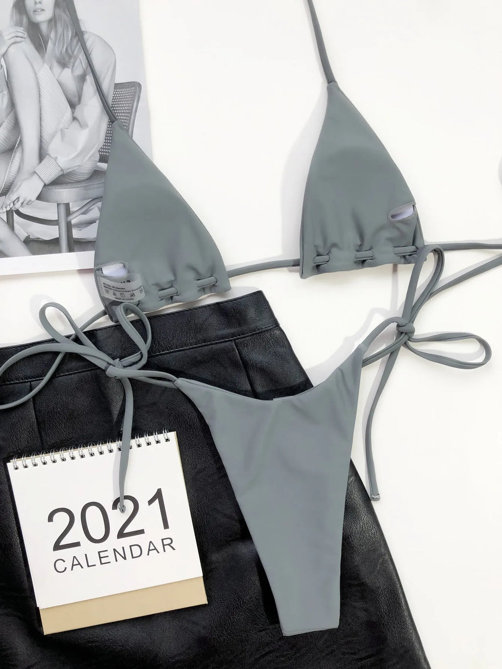 Grey nylon triangle bag swimsuit set with rope lanyard for women beach resort hot spring