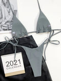 Grey nylon triangle bag swimsuit set with rope lanyard for women beach resort hot spring