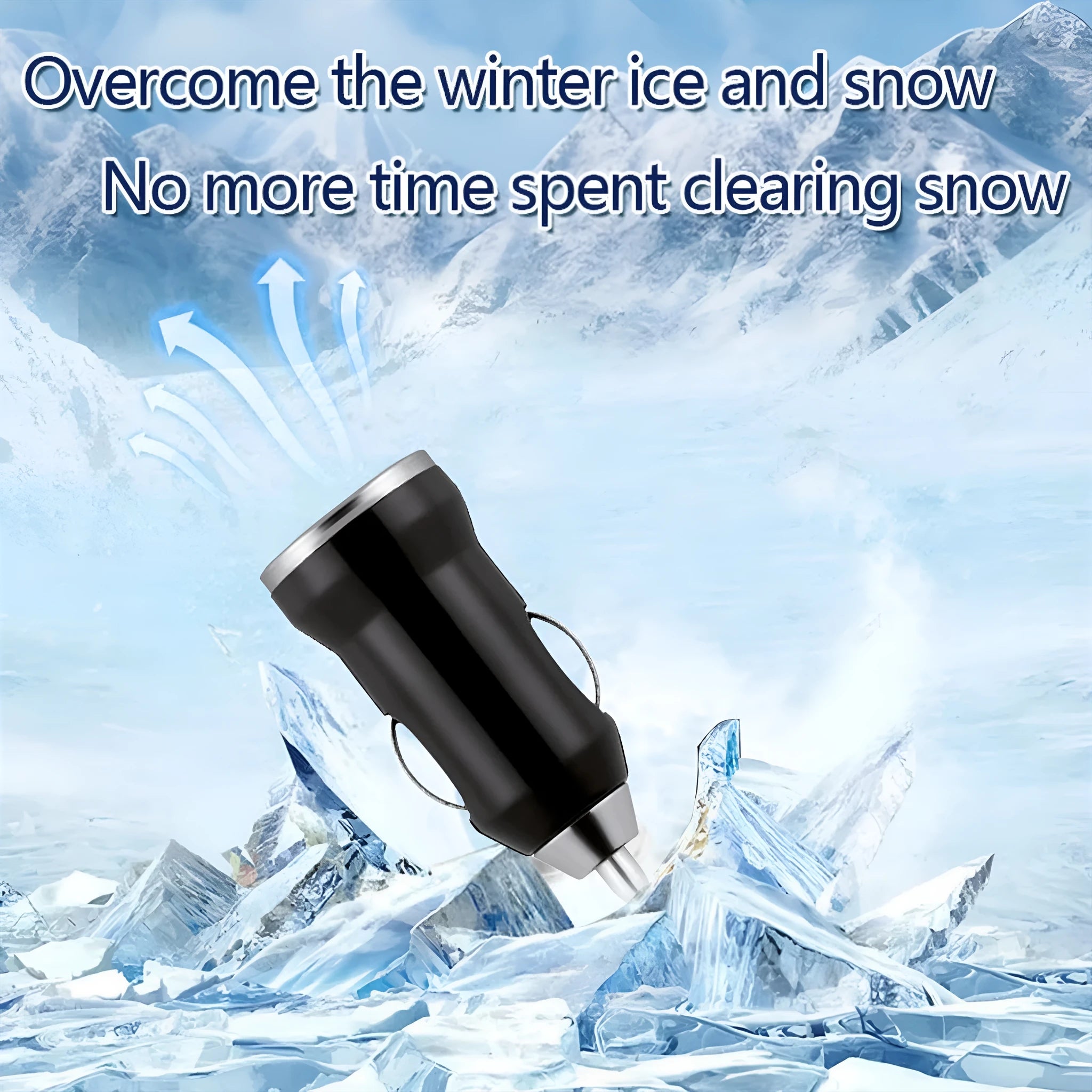 Black car snow deicer charger with built-in ice scraper showing compact 5.5 cm design