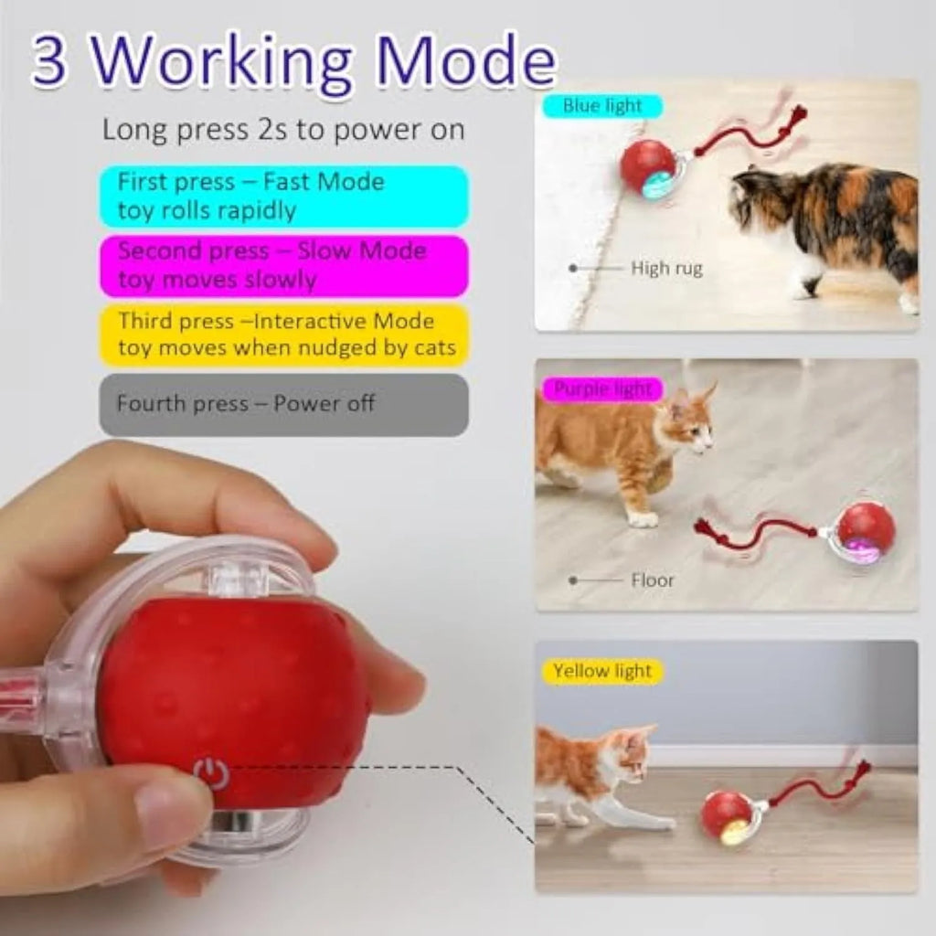 Red plastic interactive cat toy with motion activated chirping rolling on carpet for kittens