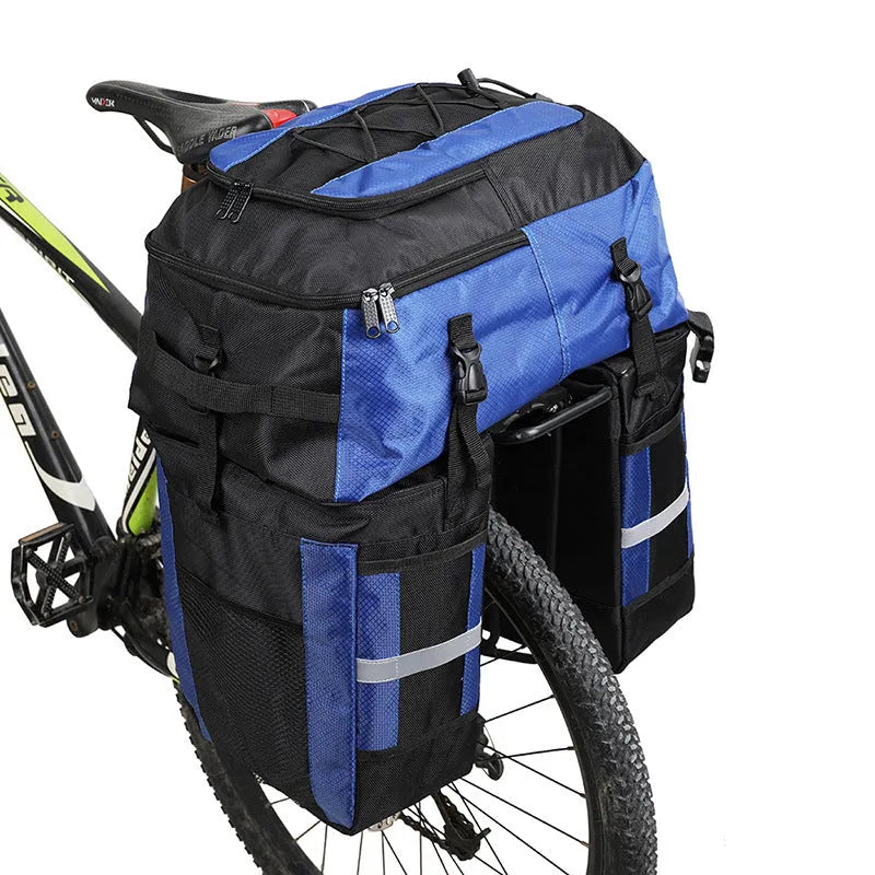 Rhinoceros brand 70-litre capacity bicycle rear frame storage bag in blue colour.
