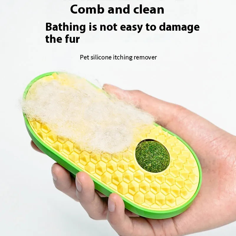 Cat self-service scratching toy in yellow, green, and pink made from ABS and TPE materials measuring 14x6.5cm