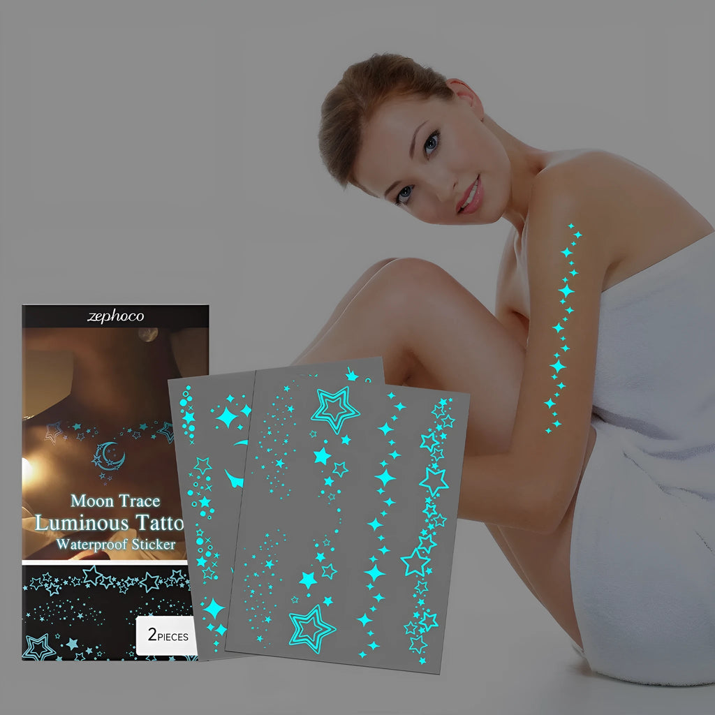 Two luminous glow-in-the-dark temporary tattoo stickers with tattoo paste tube for party body art