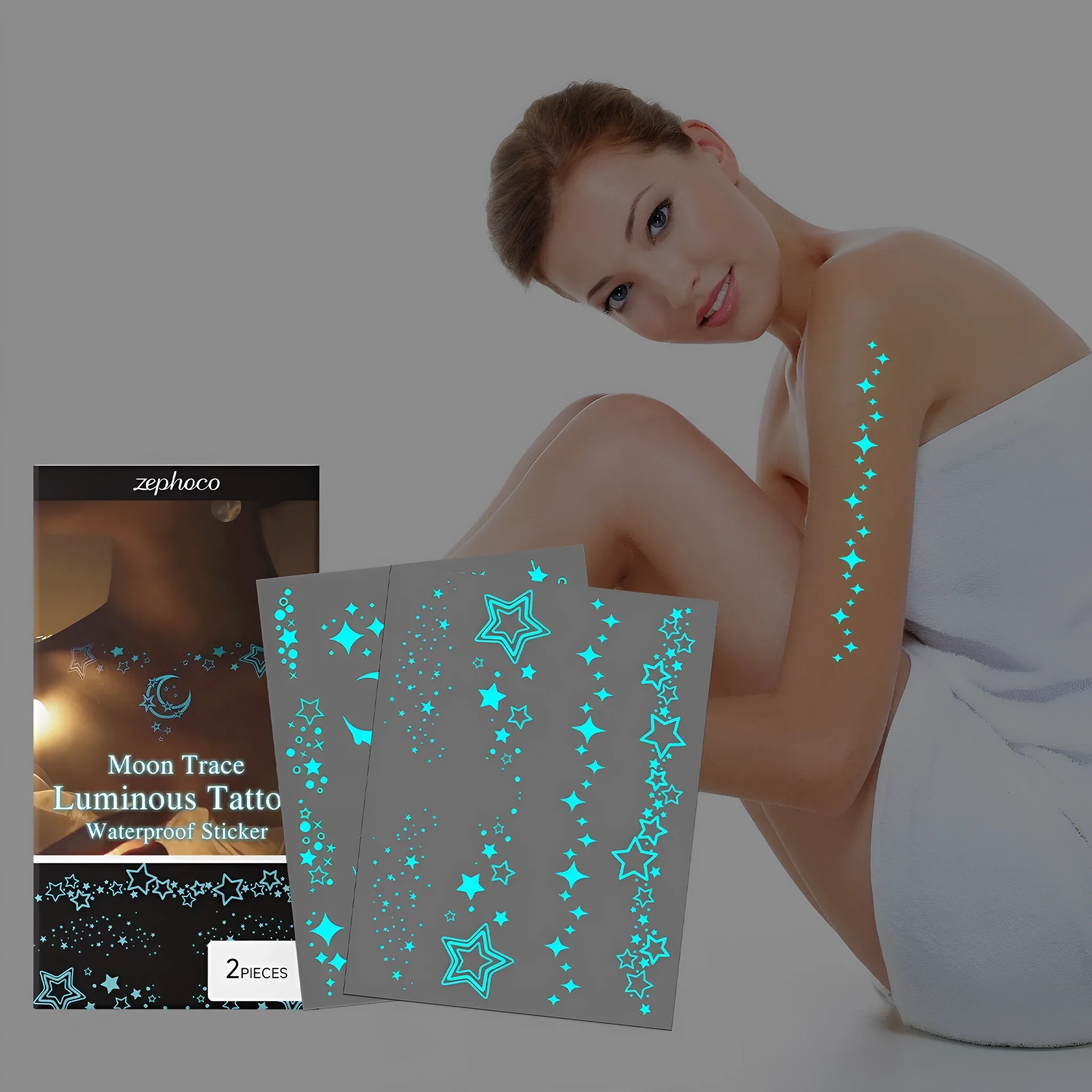 Two luminous glow-in-the-dark temporary tattoo stickers with tattoo paste tube for party body art