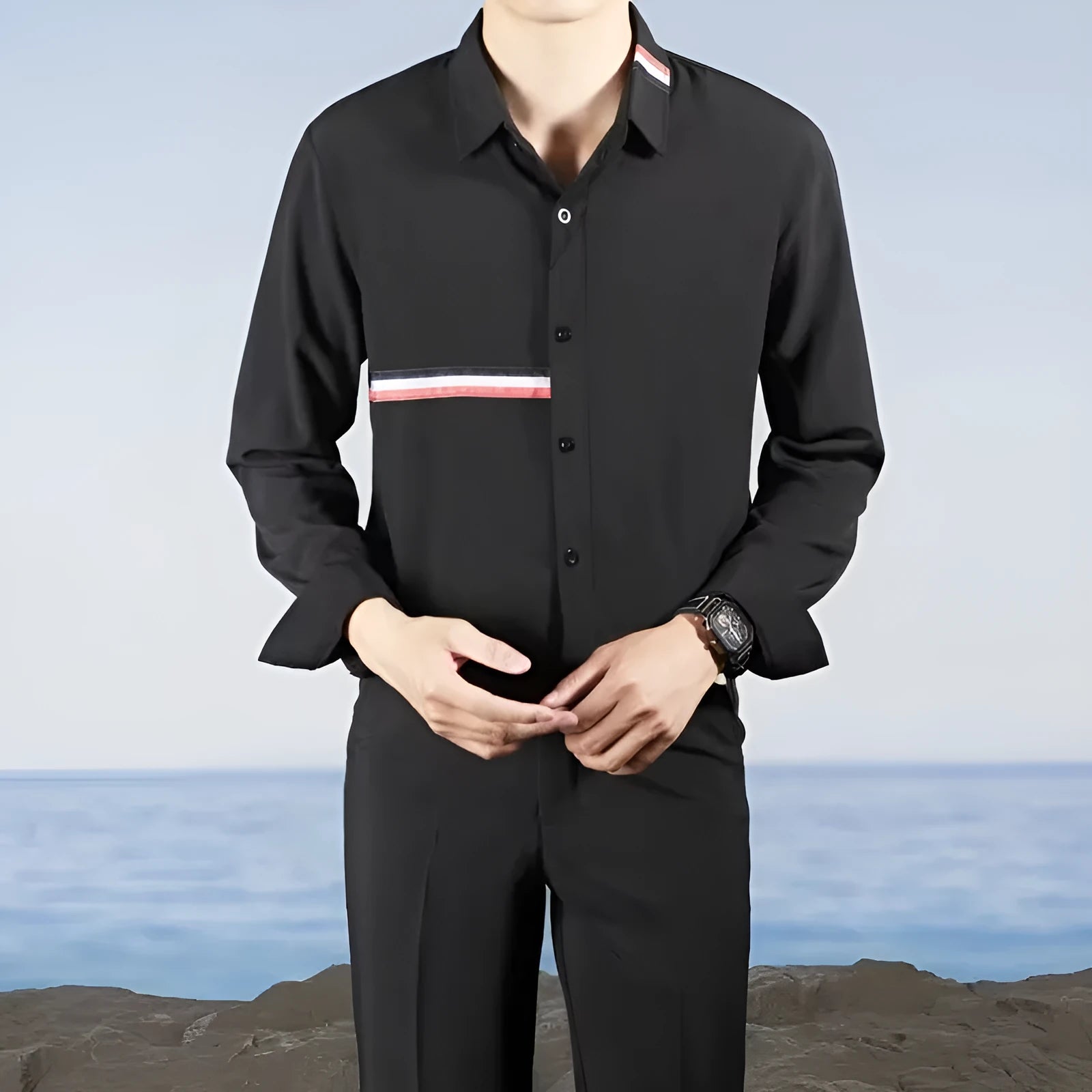 Man wearing a loose fit Hong Kong style casual shirt in a light blue cotton blend fabric.