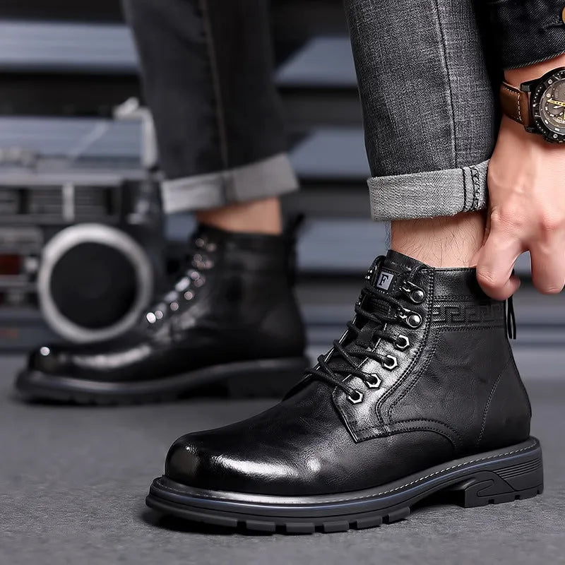 Men's black and brown leather Martin ankle work boots with square heel and rubber sole
