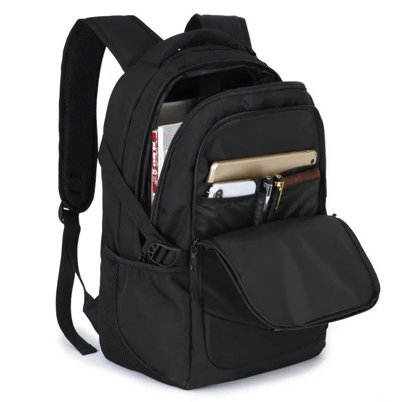 Army Knife black backpack with zipper opening, computer insert bag, and multiple internal pockets for travel