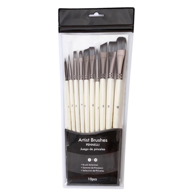 Set of 10 pearl white nylon watercolour brushes with wood handles for oil painting in PVC storage bag