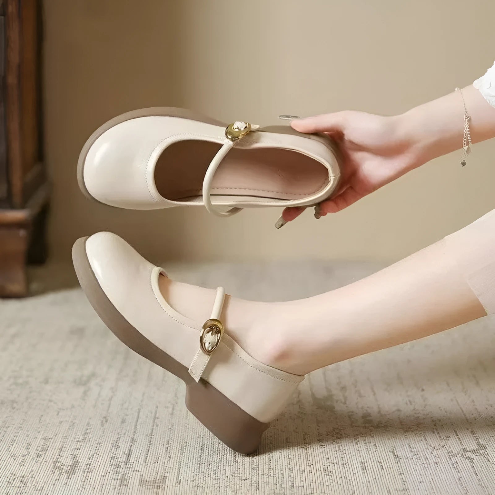 Flat fairy style leather wedge shoes with skull pattern, round toe and 4-6cm heel in three colour options