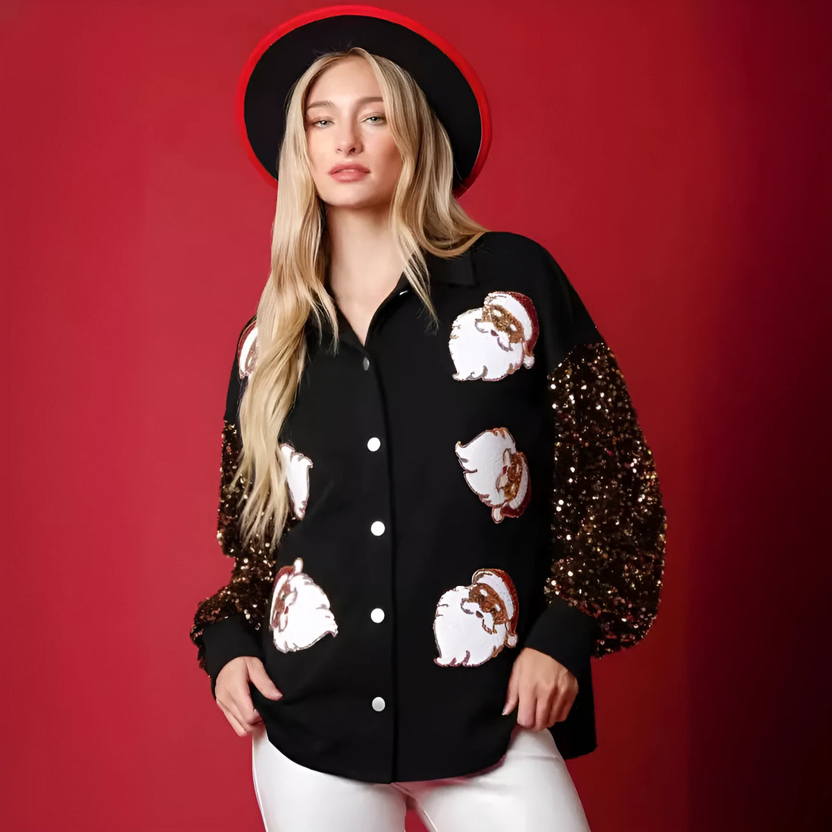 Women's black fleece shirt with Santa Claus pattern, sequined sleeves, and button front, sizes S-XXL
