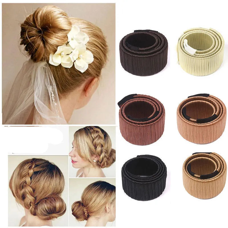 Magic French Twist hair bun maker in beige on a white background showing folded and unfolded positions