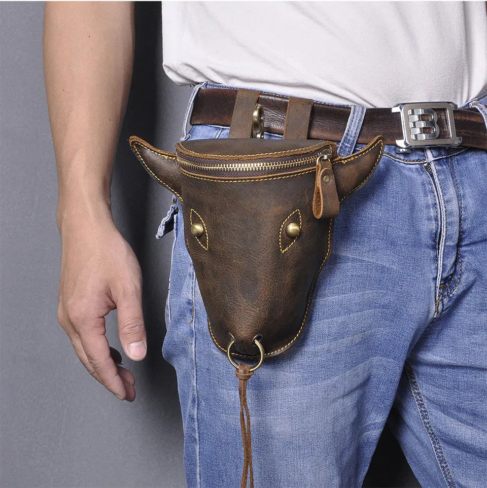 Men's belt ox-head waist bag mini size PU material solid colour black brown casual travel hands-free bag