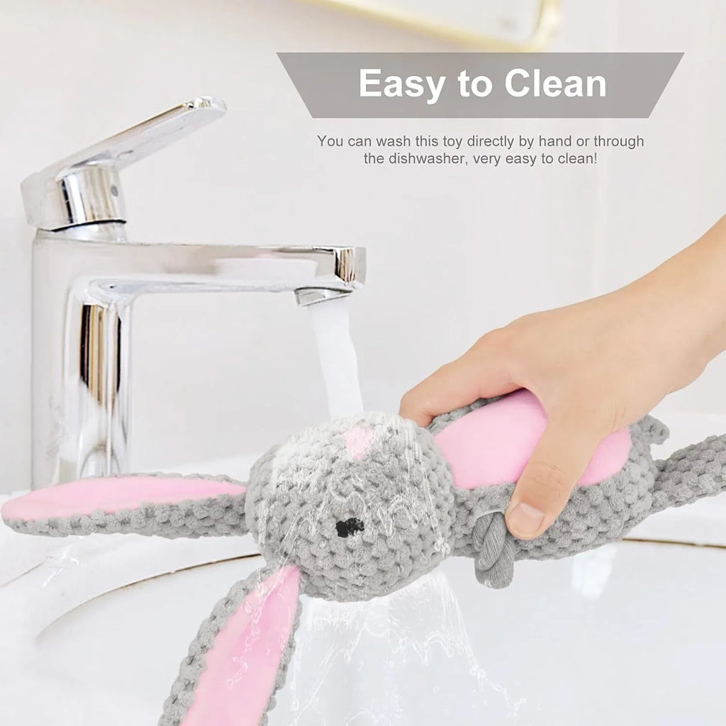 Plush animal dog toy with cotton rope, shown in elephant, fox, monkey, pig, and rabbit designs.