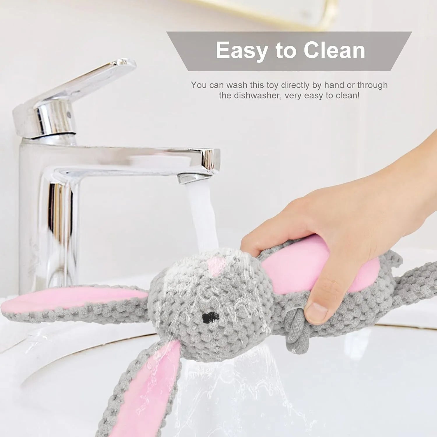 Plush animal dog toy with cotton rope, shown in elephant, fox, monkey, pig, and rabbit designs.