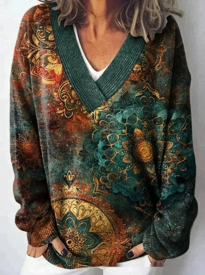 Women's V-neck sweatshirt with 3D floral pattern in art retro style, long sleeves, pullover design