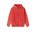 Men's washed black cotton hooded cardigan with a double zipper and fleece lining.