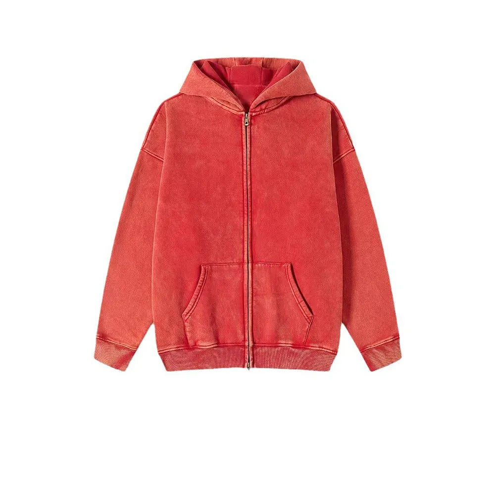 Men's washed black cotton hooded cardigan with a double zipper and fleece lining.