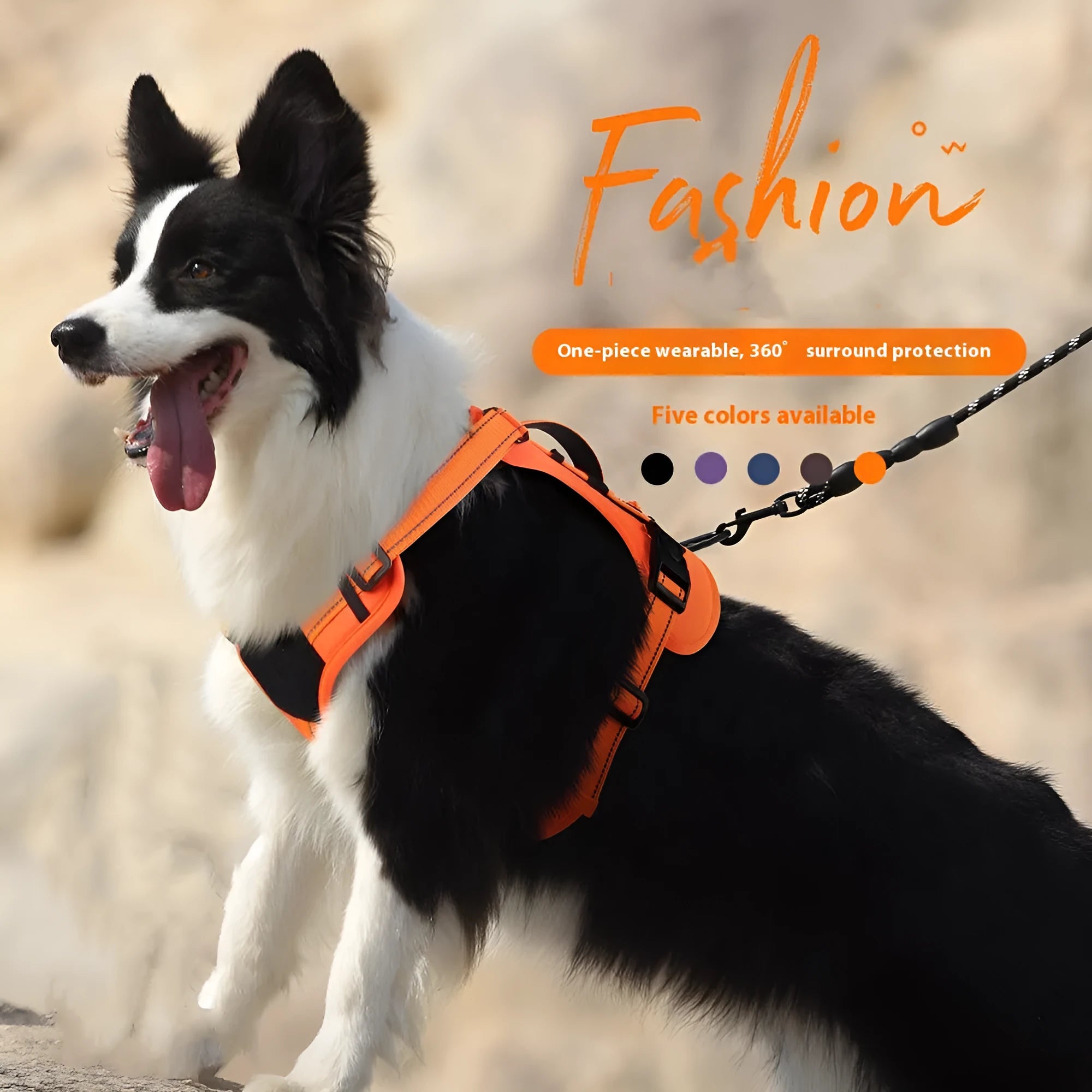 Orange reflective dog harness vest with explosion-proof hand-holding rope on a model dog