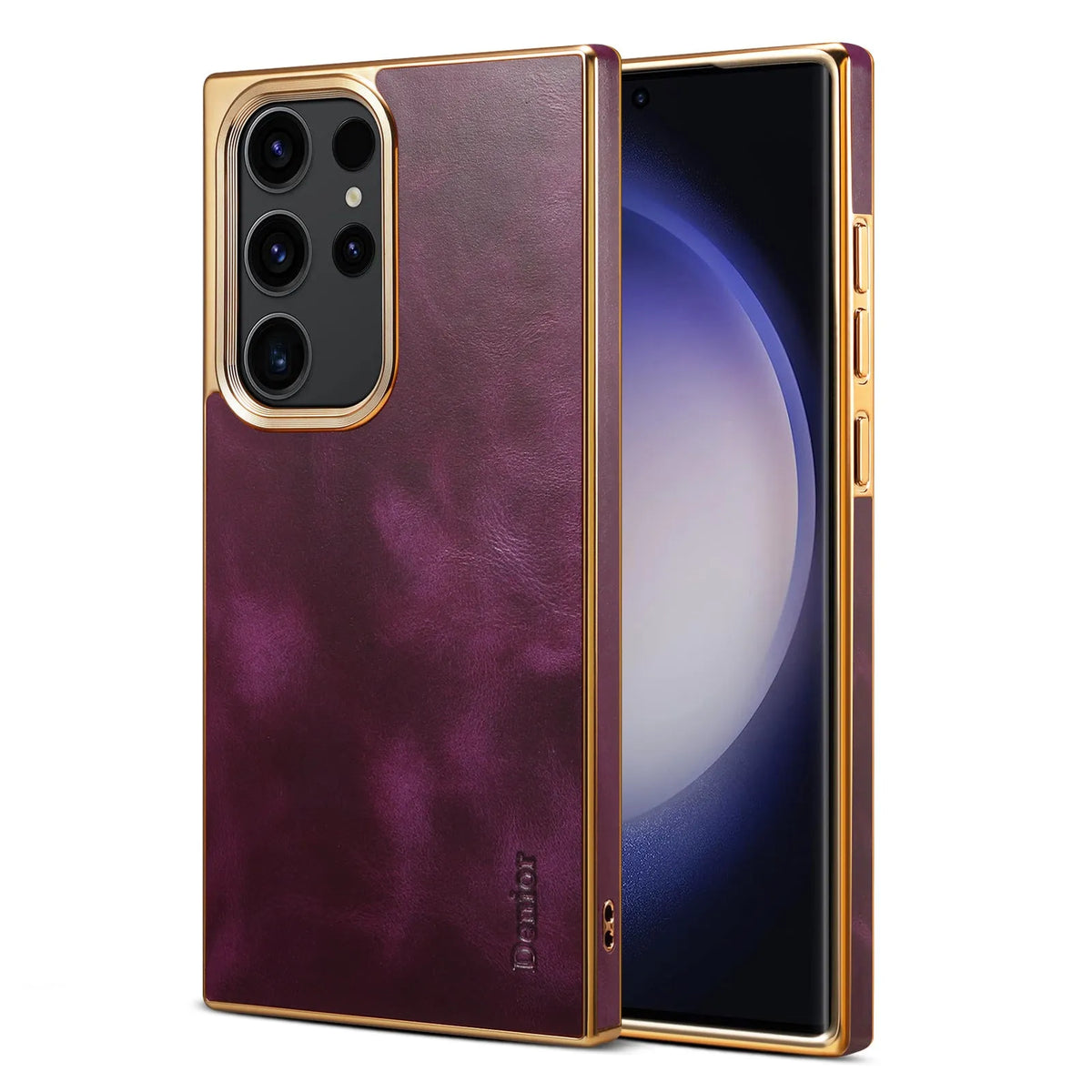Oil wax calfskin phone case for Samsung Galaxy S23 S24 with animal monster design, available in blue black purple red brown.