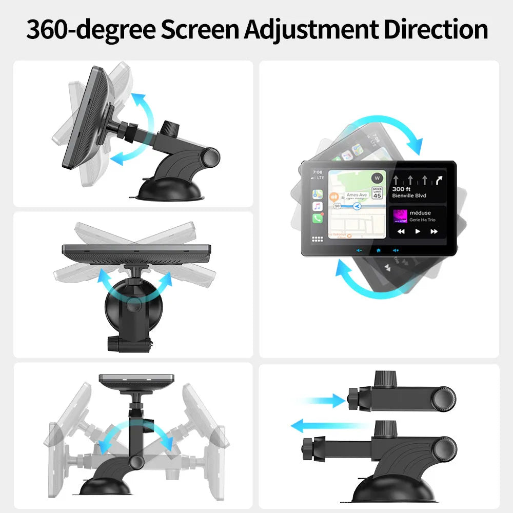 7-inch wireless CarPlay display unit with suction cup mount on a car dashboard