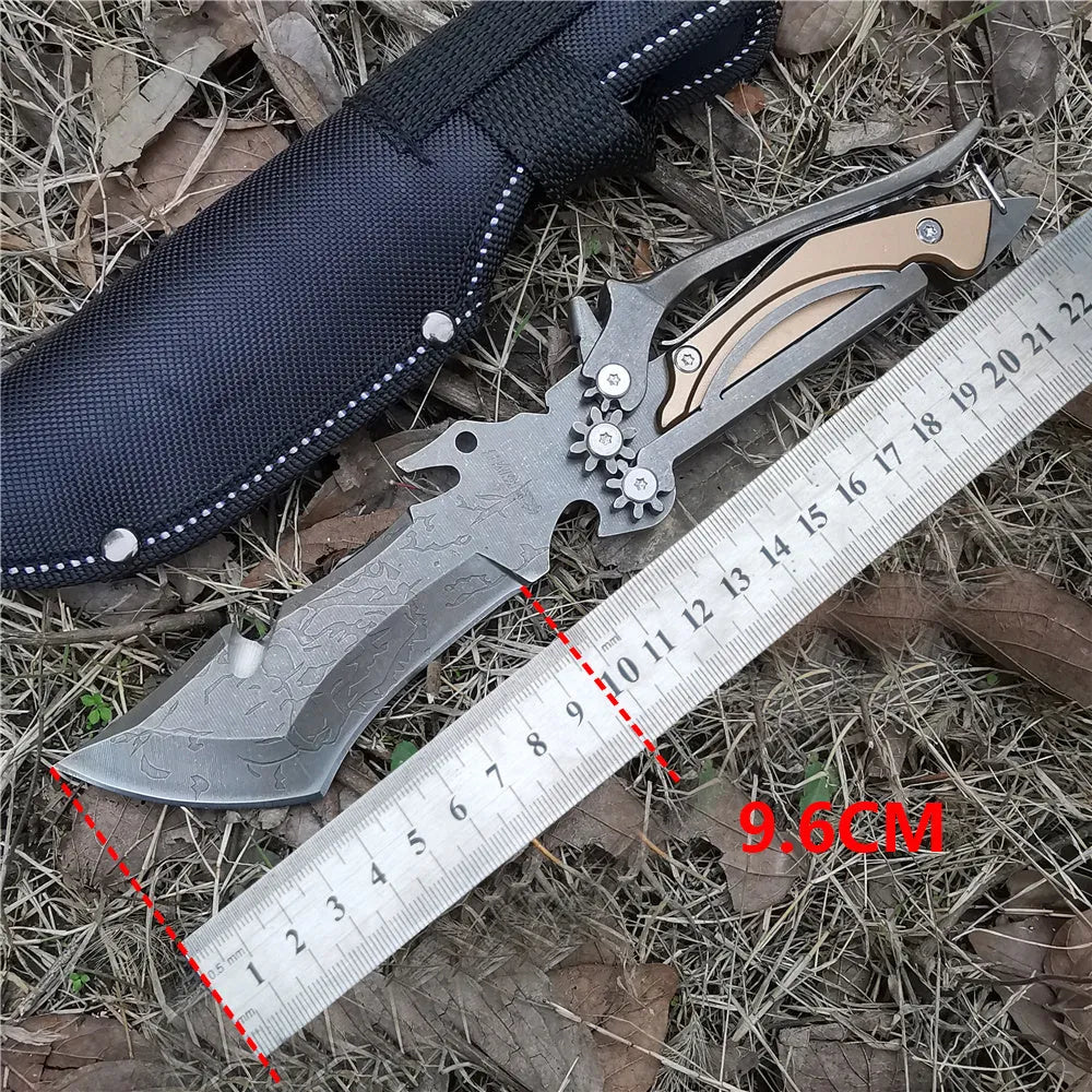 Mechanical Tools straight camping knife with black handle, 96mm 8CR13MOV blade on khaki background