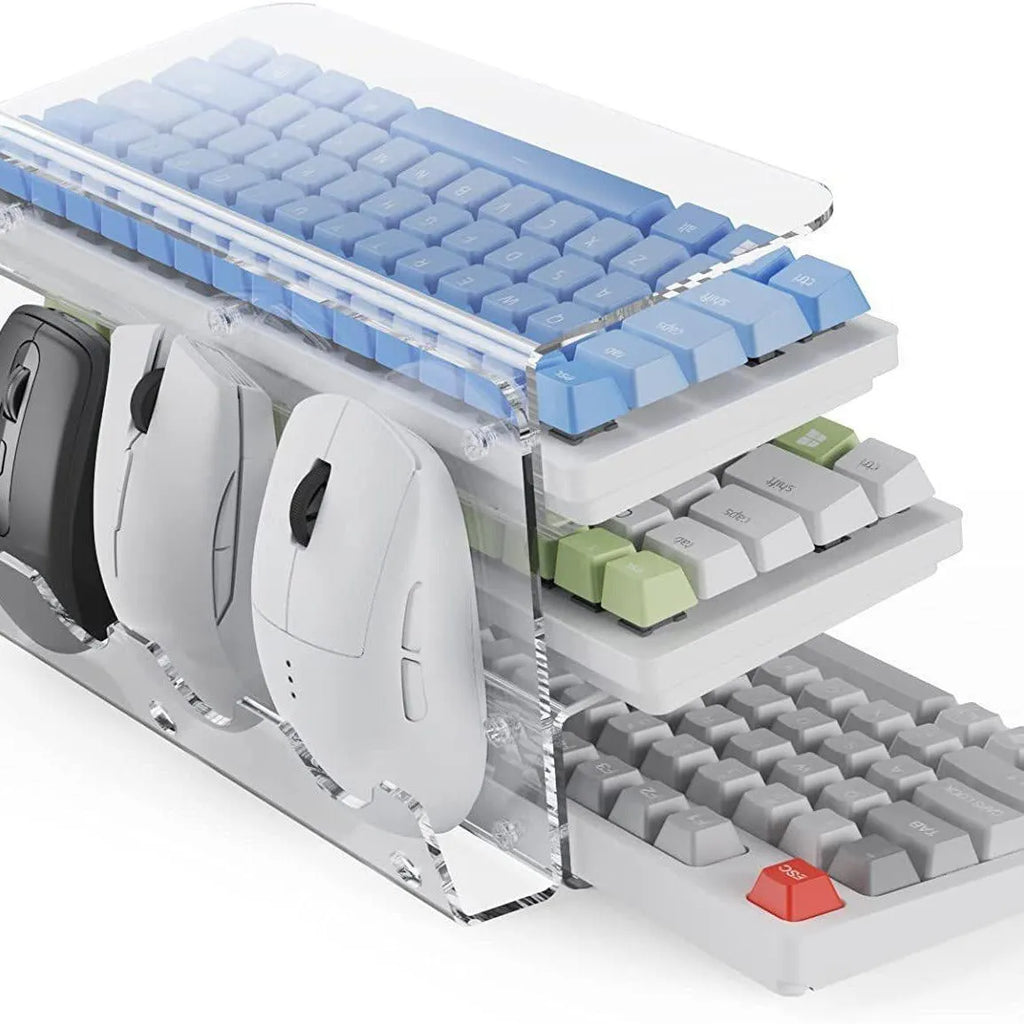 Plastic inclined computer keyboard holder bracket in black on a desk raising tray height for ergonomic typing