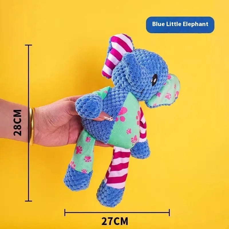 Soft plush puppy toy in character styles including a rechargeable duck, a donkey, a blue elephant, a vertigo dog, and a winky elephant.