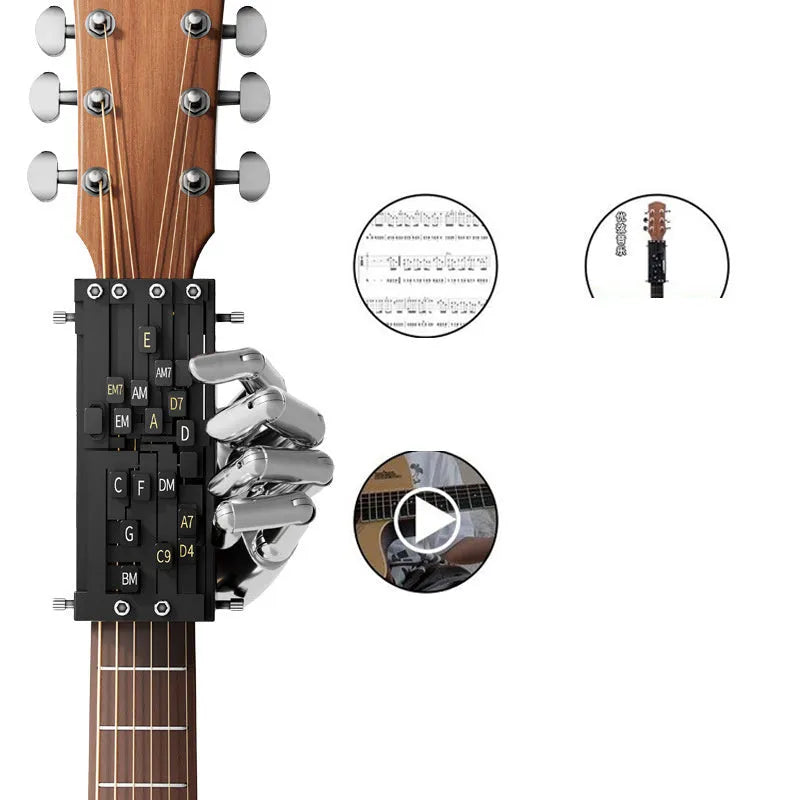 Black automatic chord device for folk guitar, showing the auxiliary gear mechanism for novice practice.