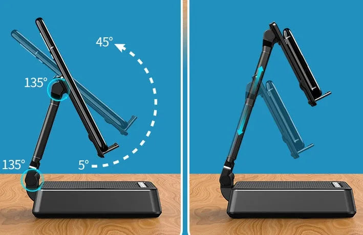 Black mobile phone desk stand with integrated Bluetooth speaker and microphone for live streaming