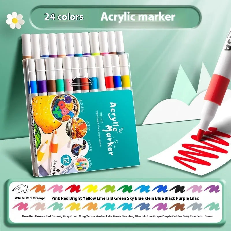 Boxed set of multicolour acrylic marker pens for student painting projects with plastic barrels