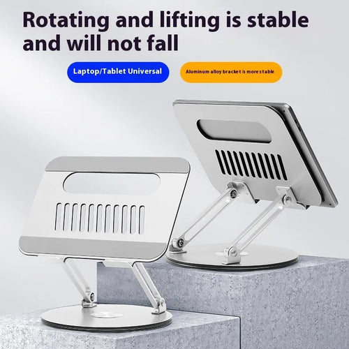 Silver aluminium alloy laptop stand in unfolded position showing rotatable base and height adjustment mechanism